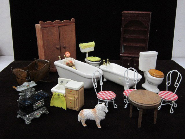 Doll house furniture: 15 pieces includes café chairs, bookcase, porcelain tubs and toilets, crib, sink, dog & doll