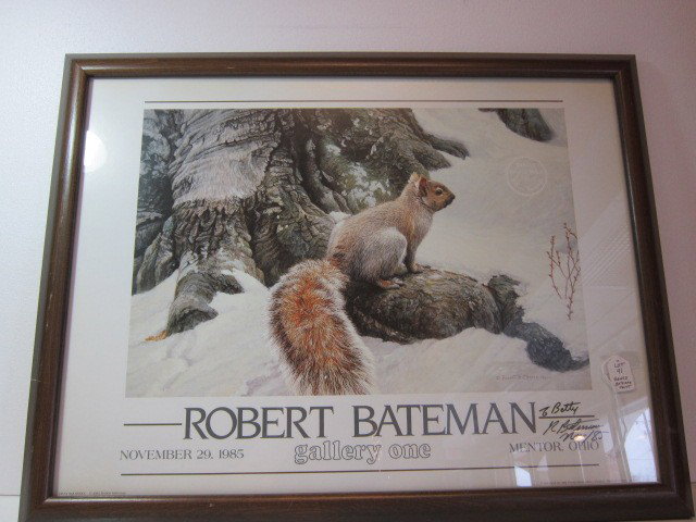 ROBERT BATEMAN FRAMED SIGNED PRINT: Signed on bottom of print "To Betty, R Bateman Nov/85, Done by Gallery One, framed in wood, Images of the Wild series, measures 26 1/4"W x 20"T.