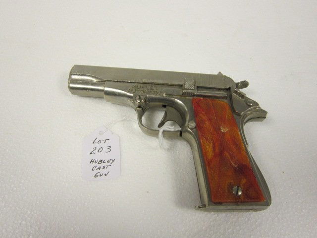 Hubley 6 1/2" Army 45 zinc cast automatic gun: Hubley 6 1/2" Army 45 zinc cast automatic gun, plastic handles intact C9