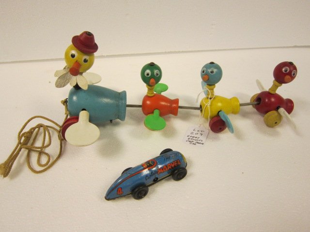 Fisher Price Gabby Groupies & Captain Marvel car l: Fisher Price Gabby Groupies #777 , torn plastic around large bird C8 Captain Marvel race car by Automatic Toy Co. 1947 C9