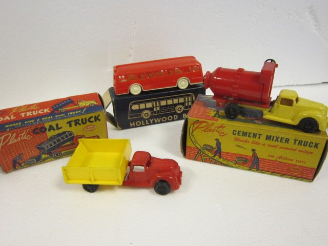 Ideal Dump Truck, Mixer: Ideal Dump Truck w/box,CM 50 Cement Mixer w/box, Hollywood Bus w/box