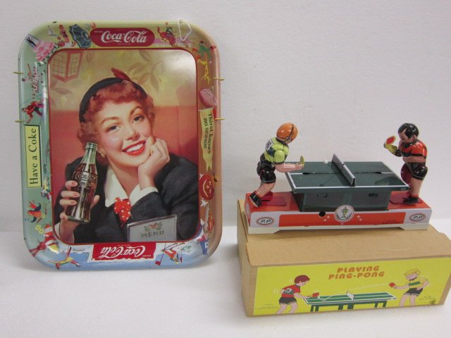 Coca Cola tray 1955 & Playing Ping Pong tin toy: Coca Cola Have A Coke tray 1955 measures 13 1/2"L x 10 1/2" W C7 & Playing Ping Pong tin toy w/box Made in China C12