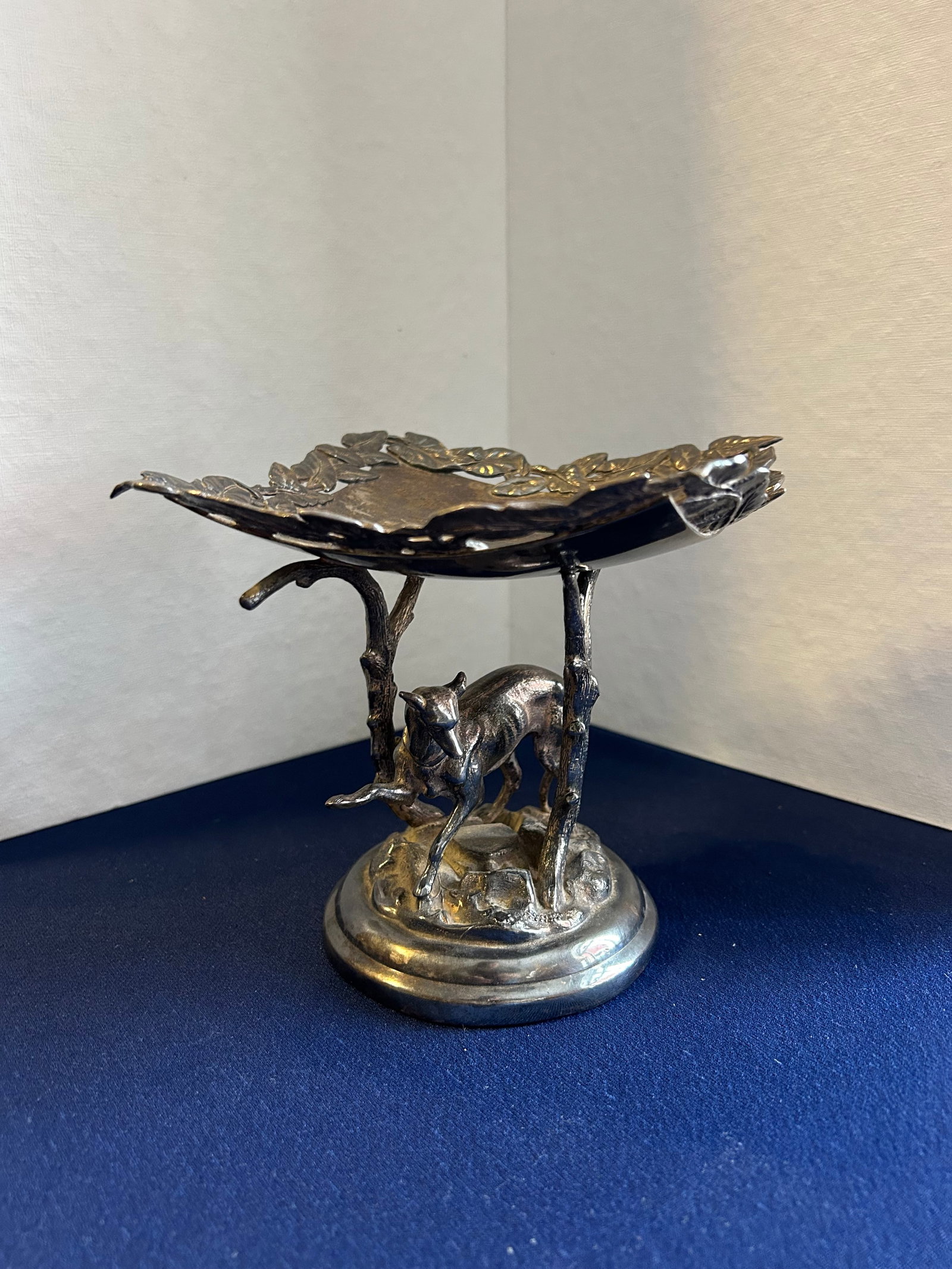 EPERGNE WHIPPET DOG SILVERPLATE CANDY DISH, MARKED: , SIGNED AND MARKED 1033, 6''TALL, 6''WIDE, FLORAL MOTIF ON TOP,