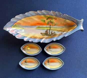 NORITAKE LEAF BOWL AND DESSERT SET: NORITAKE BOWL AND 4 SAUCE DISHES, SUNSET LAKE SCENE, GOOD CONDITION, BOWL HAS LEAF CURLED EDGES 12.5''X5.5'', SAUCE DISHES 3''X2''