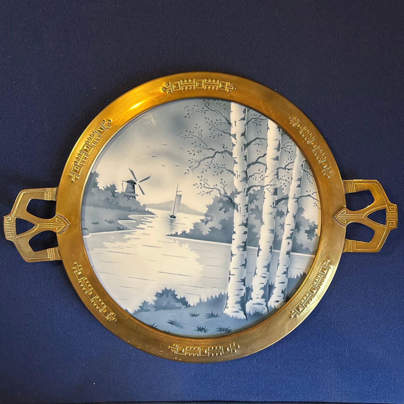 ART NOUVEAU DELFT TRIVET, BRASS: ART NOUVEAU DELFT TRIVET WITH METAL FRAME, GOOD CONDITION, 18X14