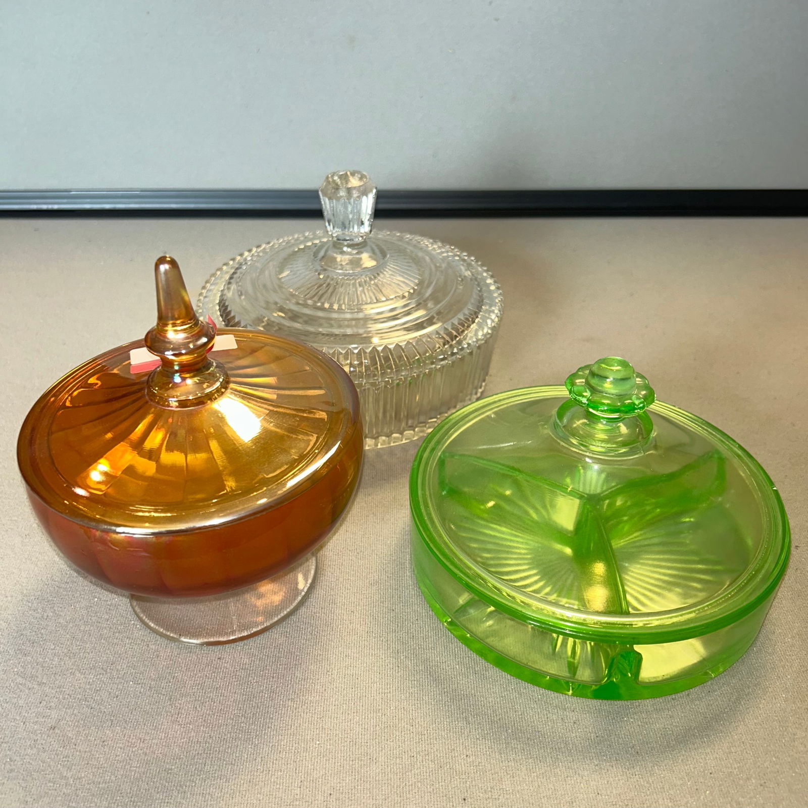 3 LIDDED GLASS CANDY DISHES (1 of 3)