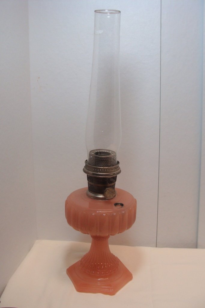 Aladdin Cathedral Rose Mnstone Table Lamp: Aladdin Model B Cathedral Rose Moonstone Kerosene Table Lamp, ca.1934-35,13"h, missing oil cap
