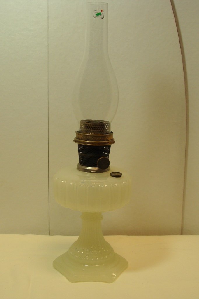 Aladdin Cathedral Wht. Mnstone Lamp: Aladdin Model B Cathedral White Moonstone Kerosene Lamp, ca. 1934-35, lg pc missing from base, dent in oil cap, 12 1/2" h.