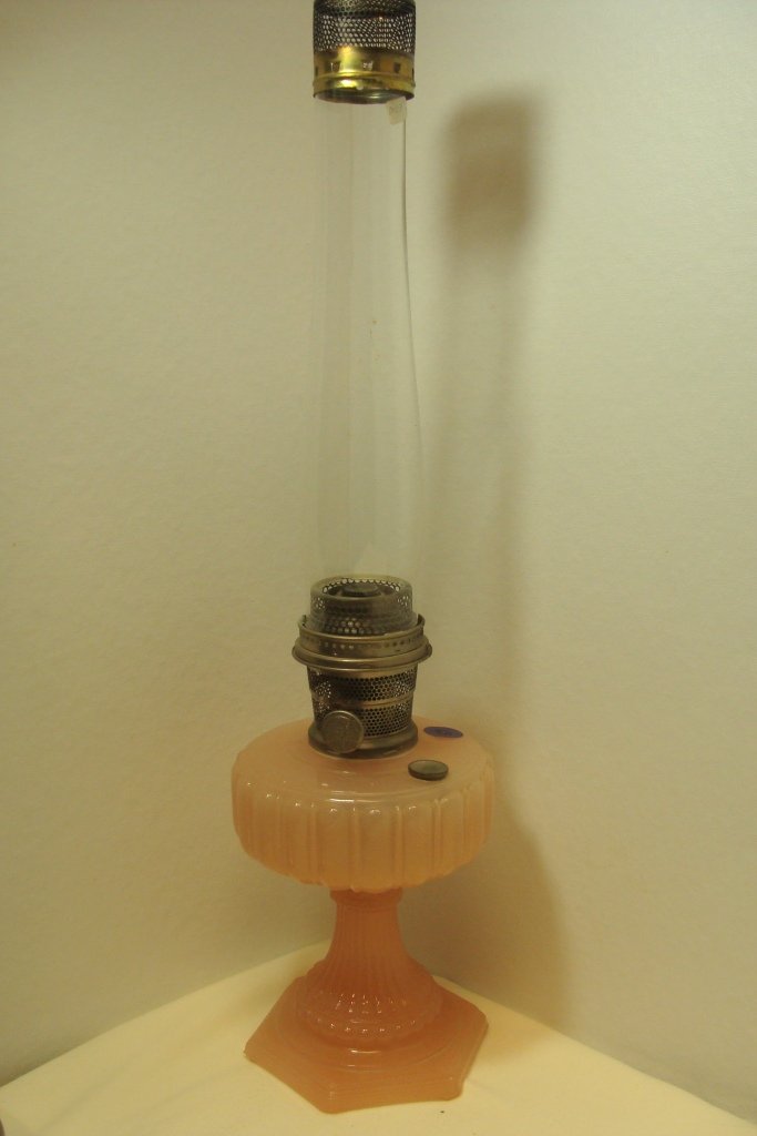 Aladdin Cathedral Rose Mnstone Table Lamp: Aladdin Modle B Cathedral Rose Moonstone kerosene table lamp, ca. 1934-35, 9"base, chimney & bug screen