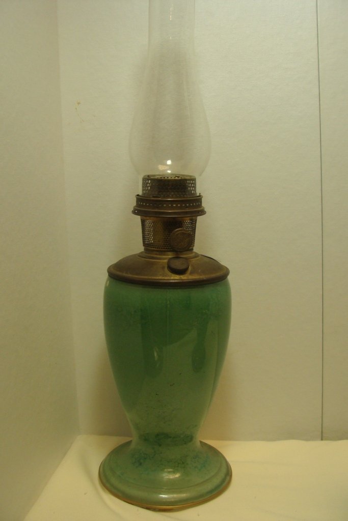 Aladdin Model 12 Grn. Frosted Vase Lamp: Aladdin Model 12 Green Frosted Art Glass Vase Lamp, ca. 1930's,15" h