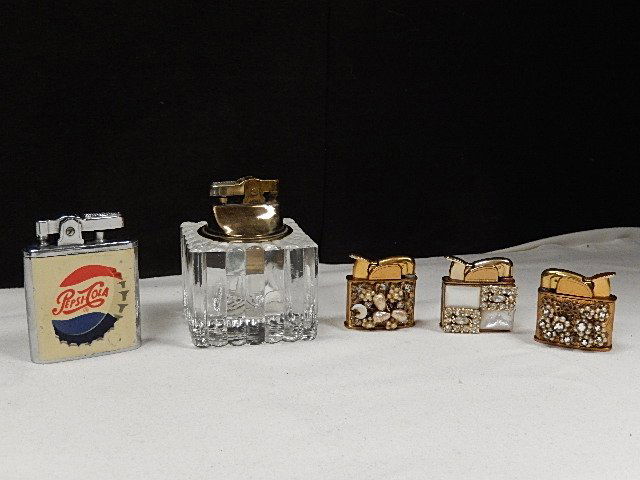 Vintage Lighter Lot: 2 Evans Rhinestone Lighters, Evans MOP Rhinestone Lighter, Japan glass lighter, Pepsi Lighter