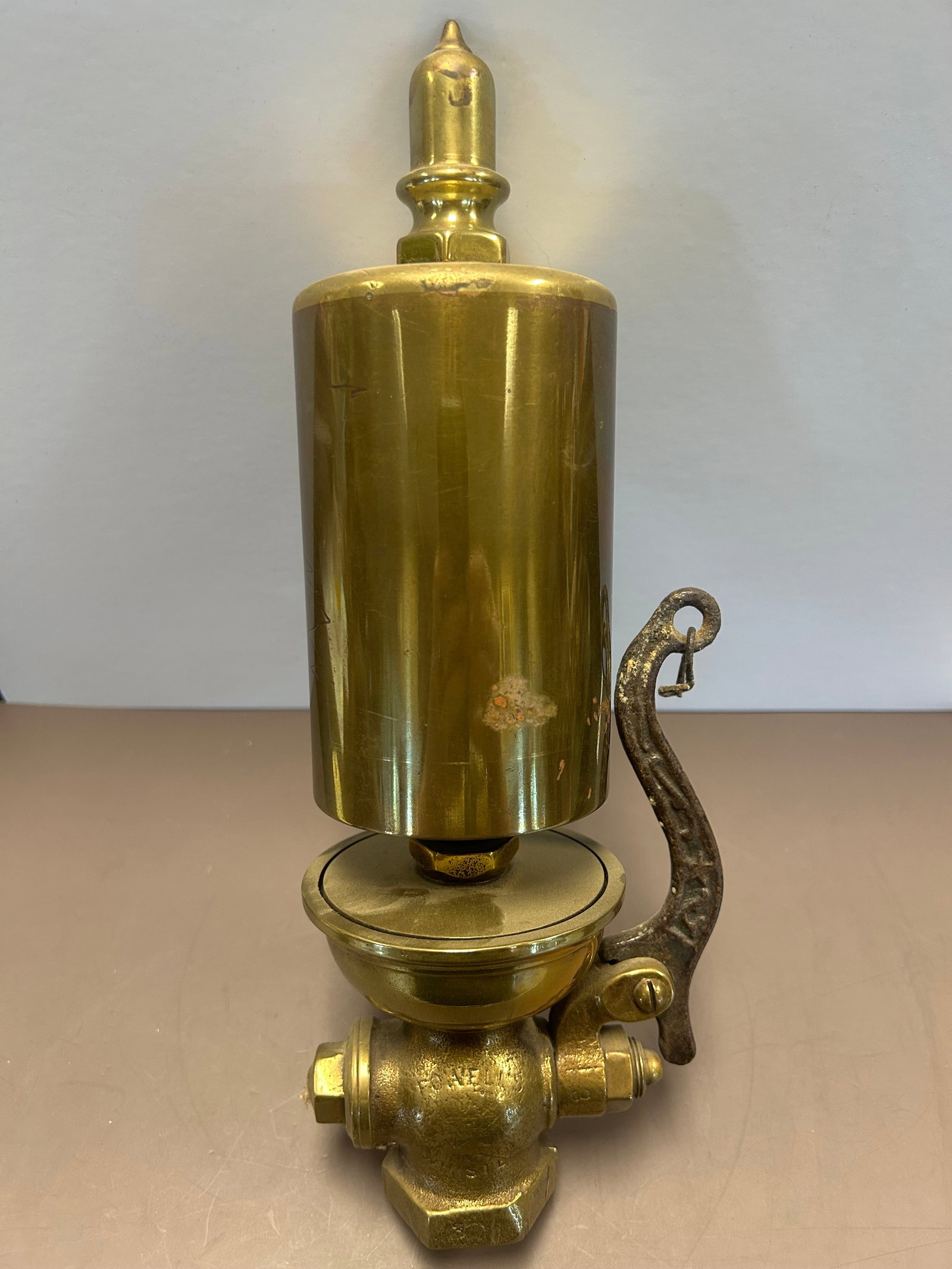 VINTAGE BRASS STEAM WHISTLE, POWELL: VINTAGE BRASS STEAM WHISTLE, POWELL, AGE APPROPRIATE WEAR, 12'' TALL
