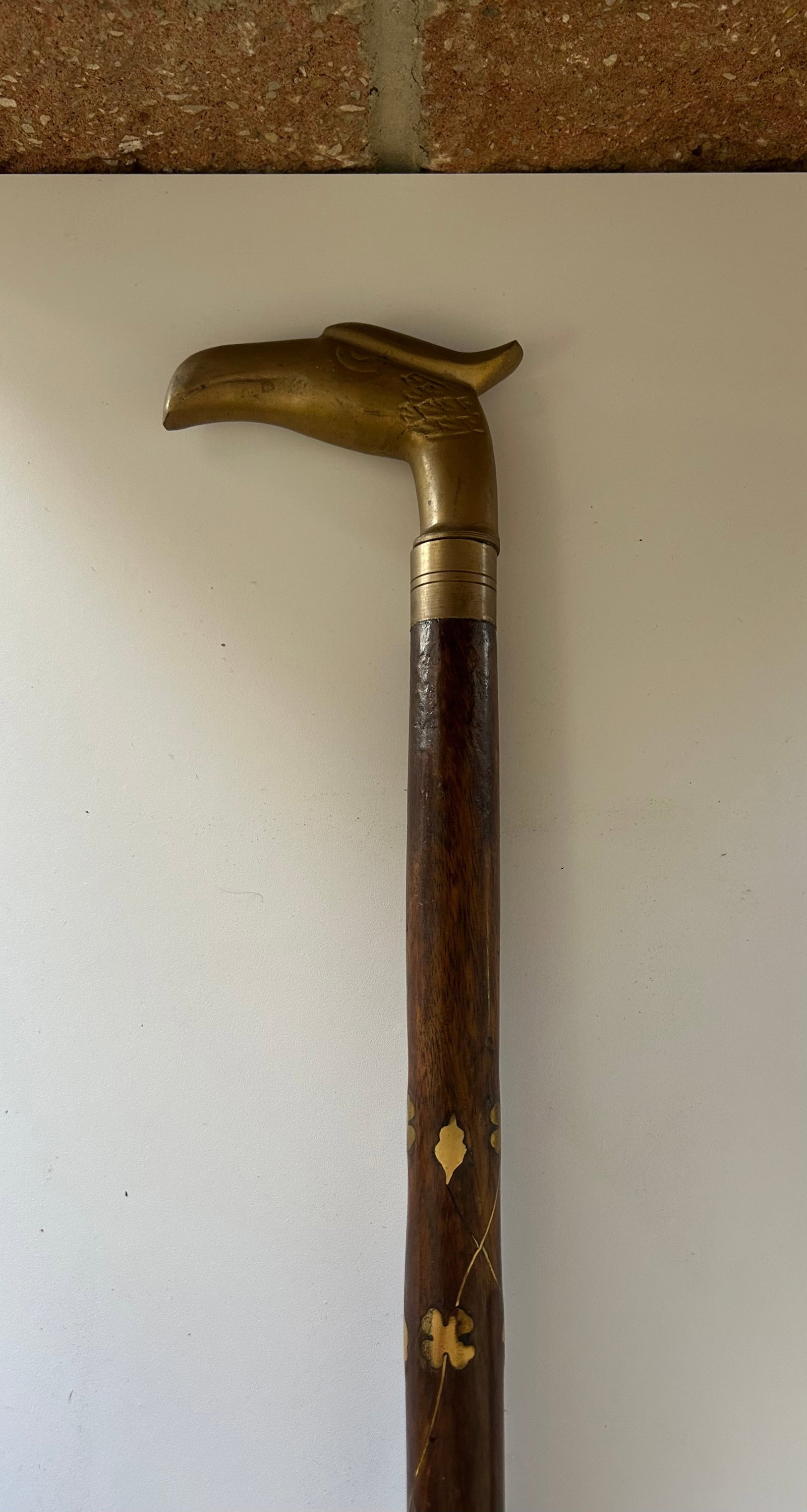 ANTIQUE BRASS EAGLE AND SHAMROCK INLAID CANE (1 of 5)
