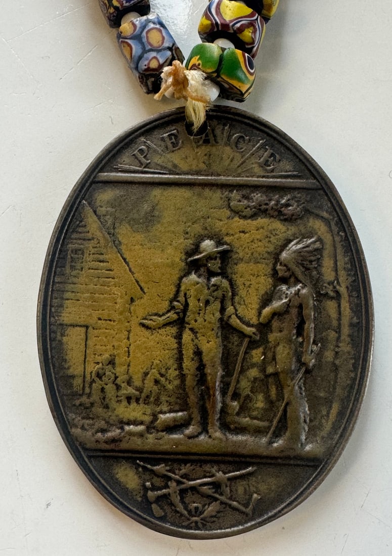 JAMES A. GARFIELD MEDAL: JAMES A. GARFIELD PRESIDENTIAL COMMEMORATIVE MEDAL LATER MOUNTEDAS NECKLACE PENDANT WITH MILIFIORI TRADE BEADS 3" TALL 2.5" W PROVENANCE: ESTATE OF DOUG DIVISH NORTH EAST OHIO