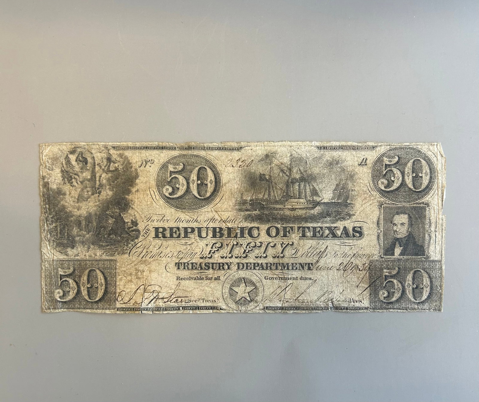 1840 $50 REPUBLIC OF TEXAS TREASURY NOTE (1 of 2)