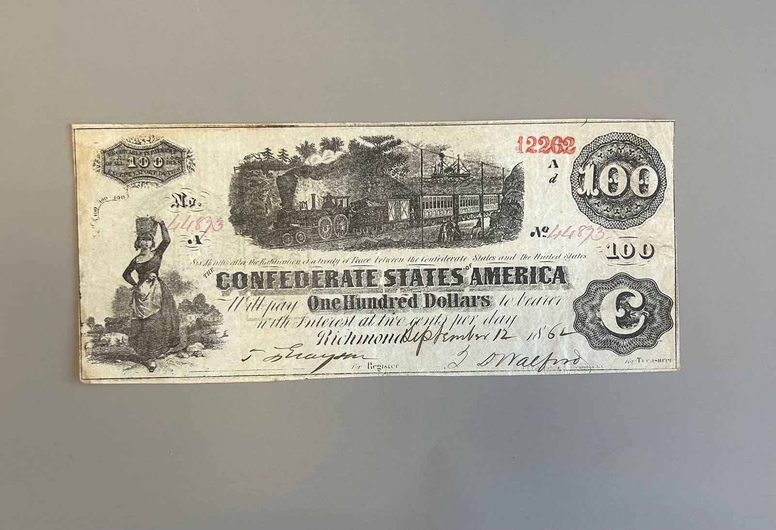 1862 $100 CONFEDERATE STATES OF AMERICA NOTE (1 of 2)