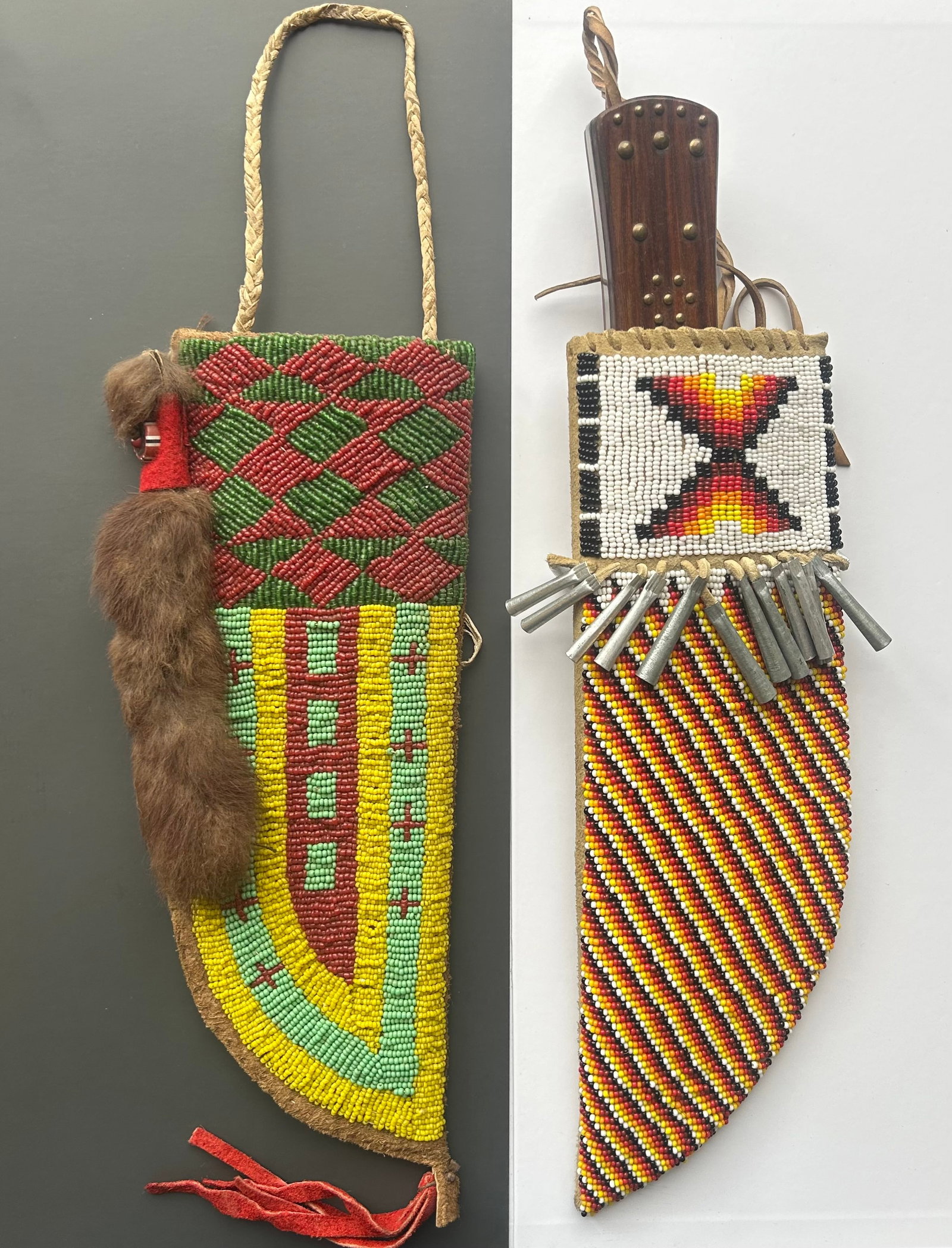 LOT OF 2 BEADED LEATHER KNIFE SHEATHS: OFFERED AS ONE LOT ARE TWO HAND BEADED LEATHER KNIFE SHEATHS IN NATIVE AMERICAN STYLE.SHEATH #1 - LEATHER SHEATH WITH GEOMETRIC BEADWORK, FUR DROP AND BRAIDED HANGING STRAP. RETAINS ORIGINAL PAPER LAB