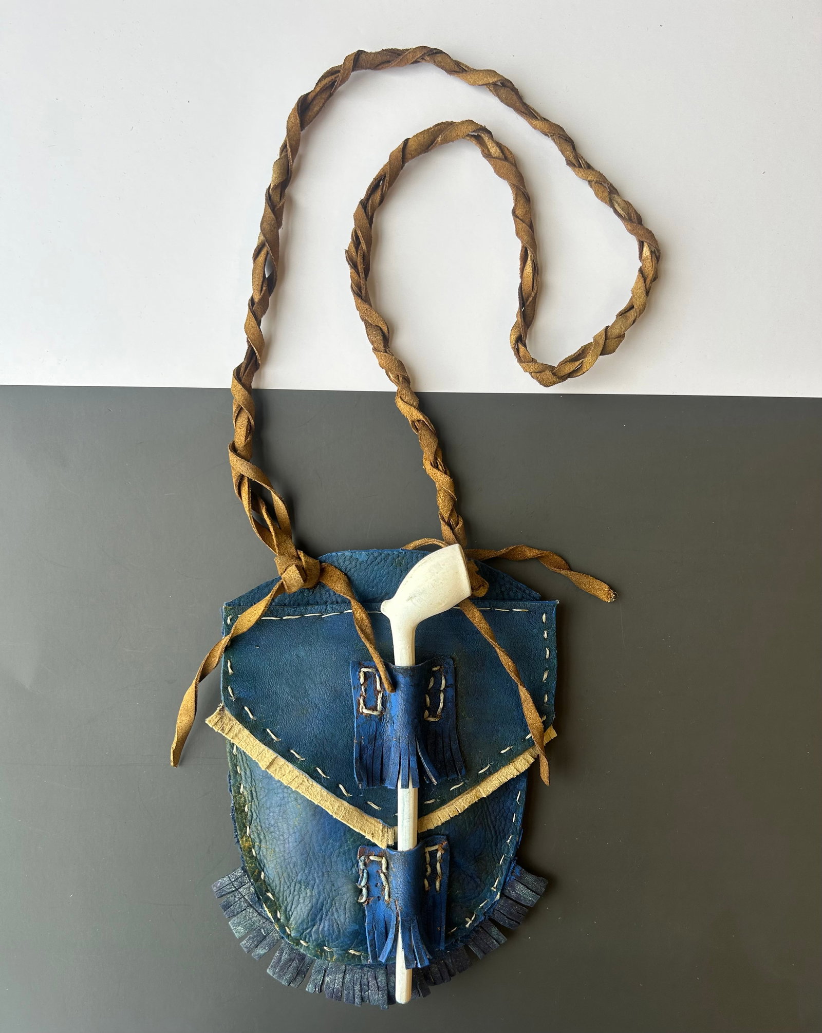 FRINGED RAWHIDE INDIGO TOBACCO BAG AND PIPE (1 of 3)