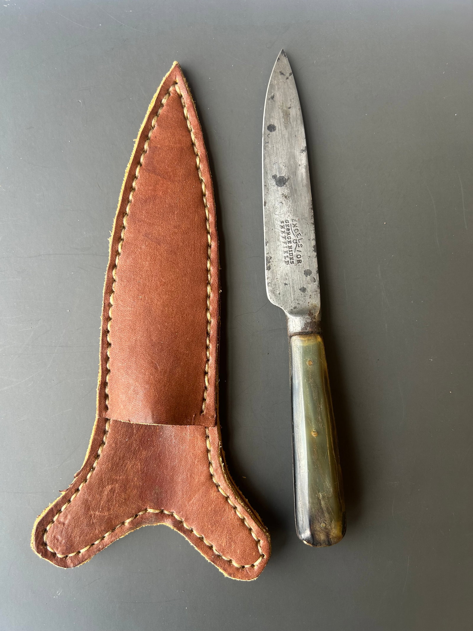 GEORGE HIDES SHEFFIELD, EXCELSIOR KNIFE: GEORGE HIDES SHEFFIELD, EXCELSIOR KNIFE, LEATHER SHEATH, 8''LONG, PROVENANCE: ESTATE OF DOUG DIVISH, NORTHEAST OHIO
