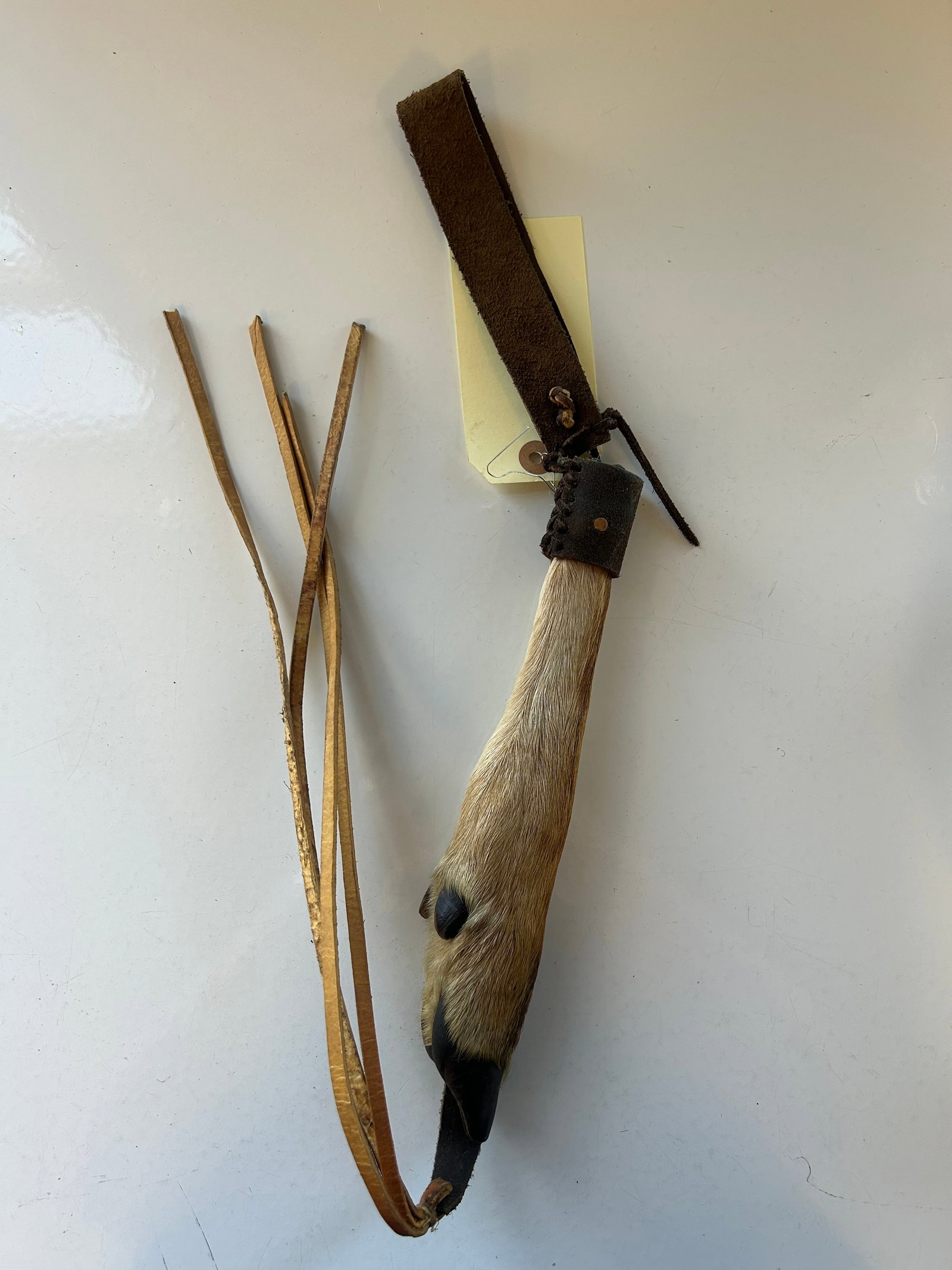 HANDCRAFTED DEER HOOF POWDER HORN: MUZZLELOADER ACCESSORY WITH LEATHER SUSPENSION STRAP AND BRASS TACK DECORATION. MEASURES 11" IN LENGTH. PROVENANCE: ESTATE OF DOUG DIVISH, NORTHEAST OHIO
