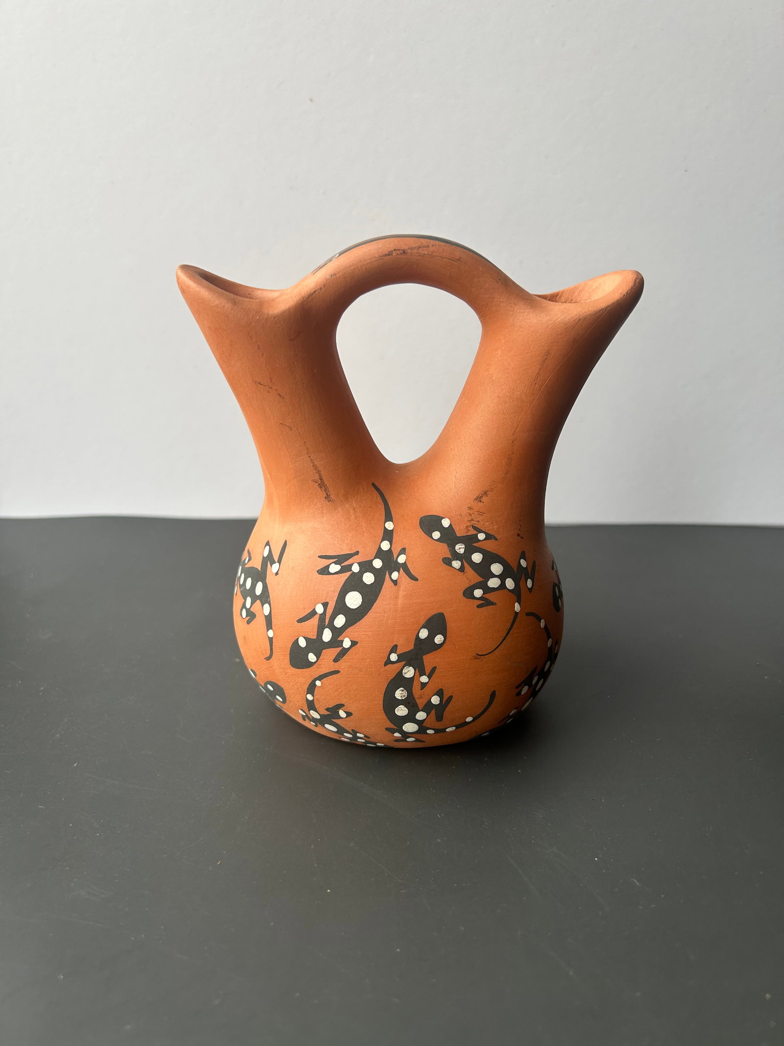 SIGNED KUUTIMAITSA ACOMA PUEBLO WEDDING VASE: AUTHENTIC HAND COILED AND HAND PAINTED WEDDING VASE BY KUUTIMAITSA (BORN CLARA SANTIAGO). SHE IS A RENOWNED NATIVE AMERICAN ARTISAN FROM THE ACOMA PUEBLO IN NEW MEXICO. DECORATED WITH TRADITIONAL