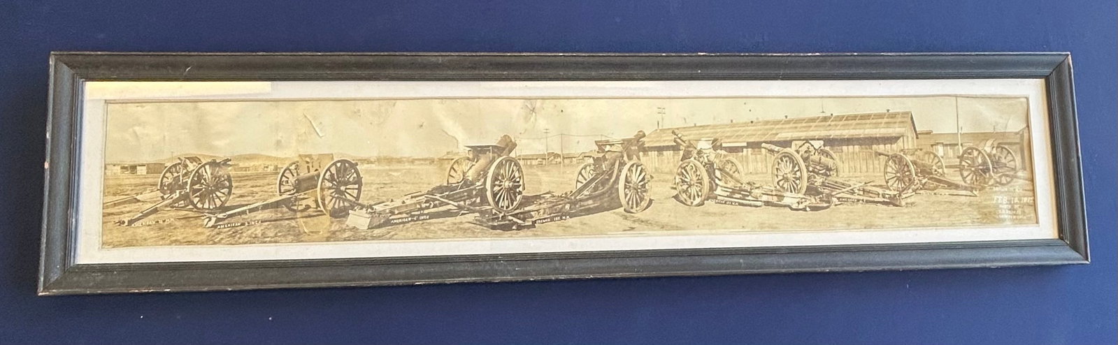 RARE 1915 WWI ARTILLERY PANORAMA PHOTO O.G. ANDERS: MUSEUM QUALITY PIECE OF EARLY 20TH CENTURY GLOBAL MILITARY HISTORY. THIS ORIGINAL PANORAMIC PHOTOGRAPH EXHIBITS A RARE SIDE BY SIDE COMAPARATIVE LINEUP OF INTERNATIONAL FIELD ARTILLERY USED FOR TRAINI