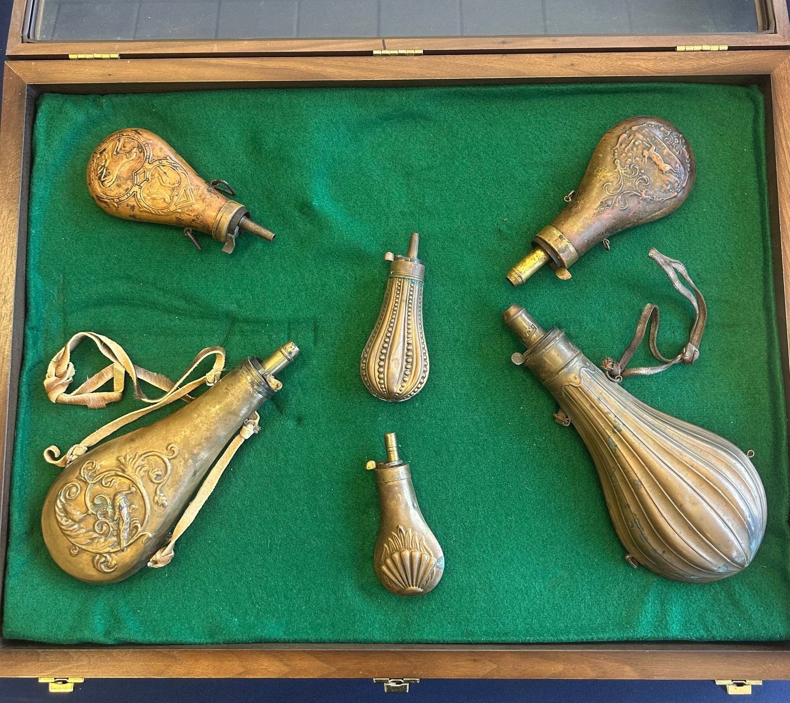 6 ANTIQUE 19TH C. COPPER POWDER FLASKS (1 of 2)