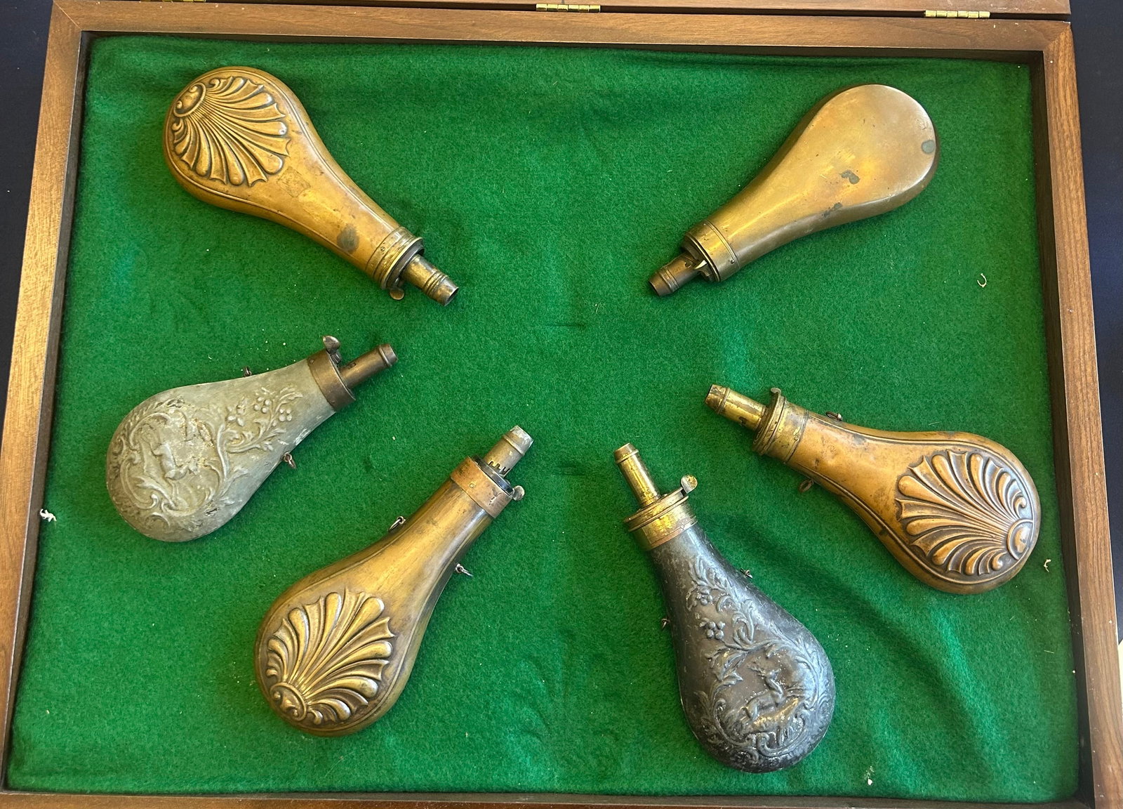 SIX ANTIQUE POWDER FLASK COLLECTION (1 of 2)