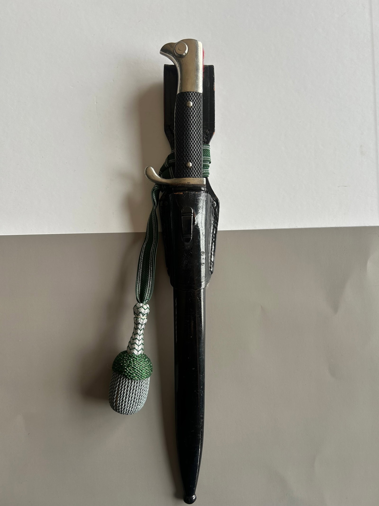 WWII ERA GERMAN K-98 BAYONET: WWII ERA GERMAN K-98 BAYONET, RICASSO IS STAMPED WITH THE SQUIRREL TRADEMARK AND NAME OF ELCKHORN SOLINGEN, PROBABLY INTENDED FOR PARADE PURPOSES