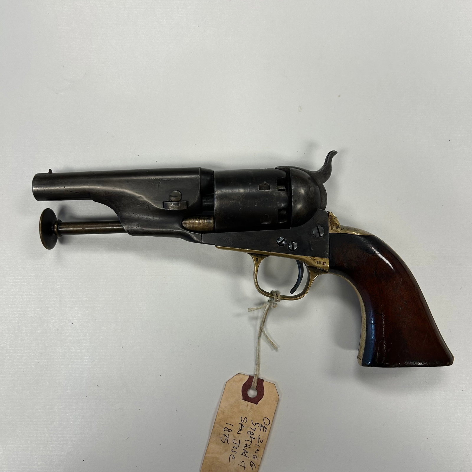 RARE COLT 1861 NAVY TRAPPER MODEL REVOLVER: EARLY COLT MODEL 1861 NAVY "TRAPPER MODEL" .36 CALIBER PERCUSSION REVOLVER, SERIAL NO. 3733, WITH MATCHING NUMBERS VISIBLE ON MULTIPLE COMPONENTS. BRASS TRIGGER GUARD MARKED ".36 CAL." IDENTIFIED BY
