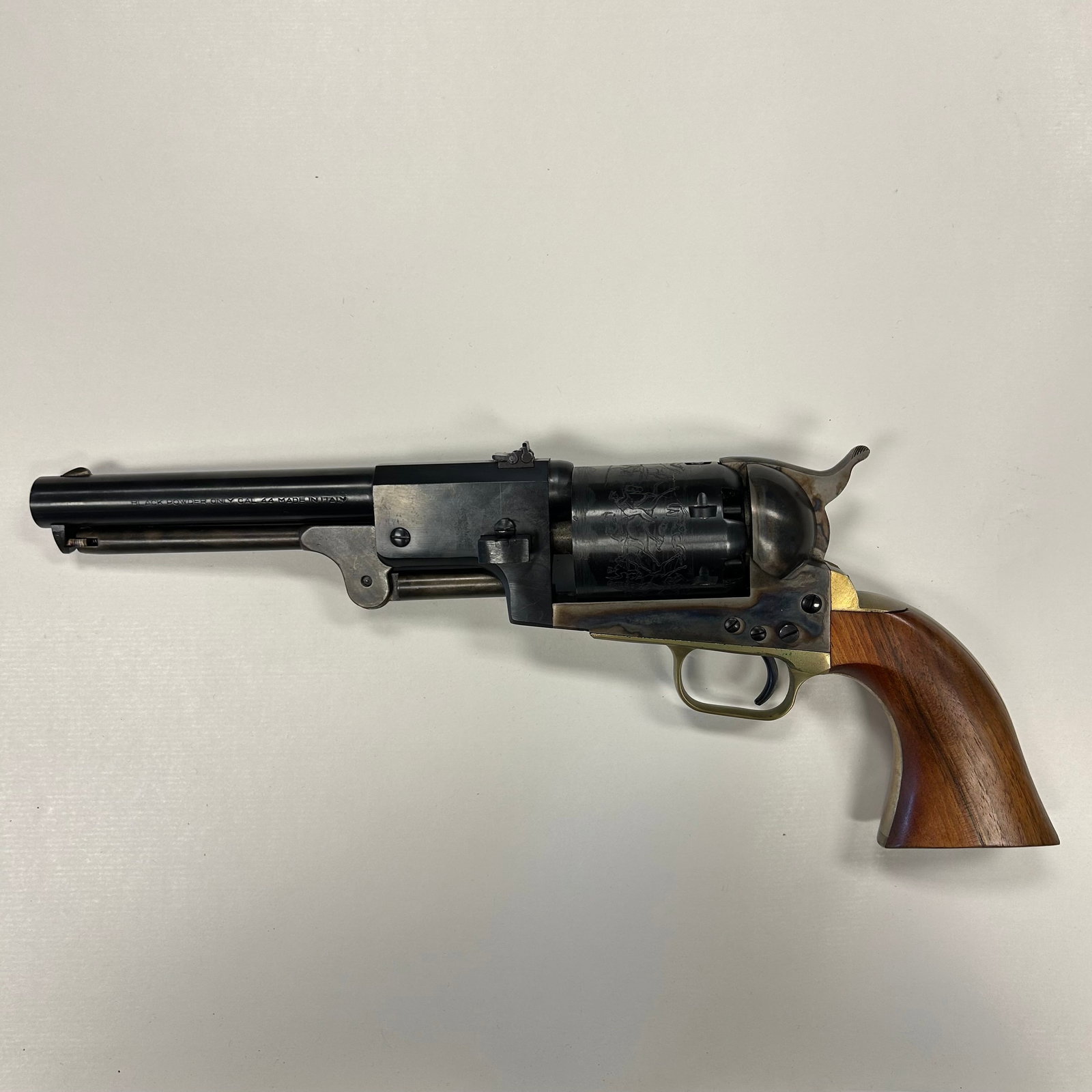 ITALIAN REPLICA COLT 1847 WALKER .44 REVOLVER: ITALIAN MADE BLACK POWDER PERCUSSION REVOLVER PATTERNED AFTER THE ICONIC COLT MODEL 1847 WALKER. .44 CALIBER WITH LARGE FRAME, OCTAGONAL TO ROUND BARREL, BRASS TRIGGER GUARD, AND WOOD GRIPS. SERIAL