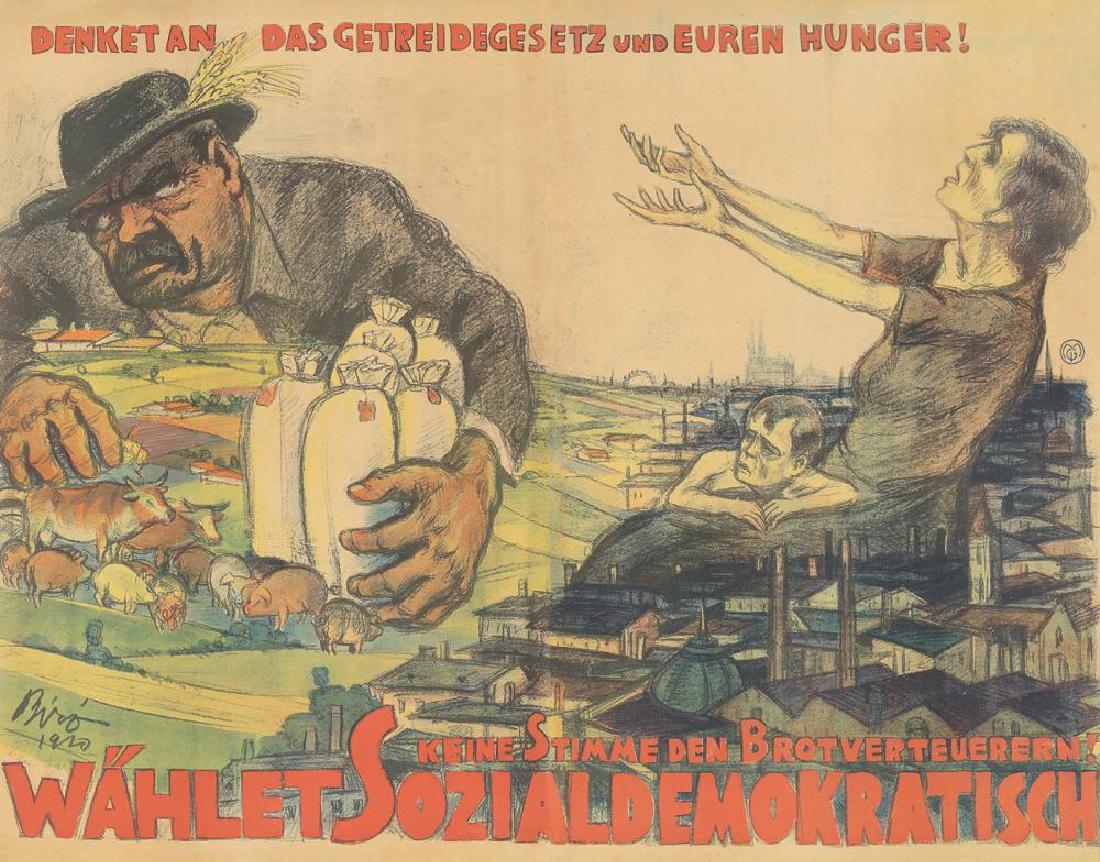 Wählet Sozialdemokratisch. 1920.: Description: ARTIST: MIHÁLY BIRÓ (1886-1948) SIZE: 48 3/8 x 37 7/8 in./123 x 96.2 cm PRINTER: Drucerkei MGI, Wien DESCRIPTION: "Remember the grain law and your hunger! Do not agree with the bread di