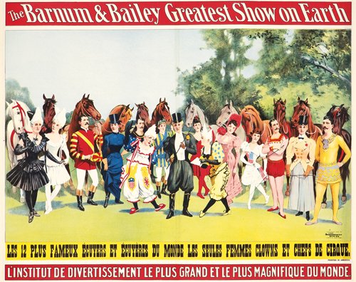 Barnum & Bailey/Les 12 Plus Fameux Ecuyers.: Size: 37 x 30 in./94 x 76.2 cm. The corps of riders and clowns of the circus line up for inspection. The surprise is that the clowns are female (“the only female clowns”), and so is the ringma