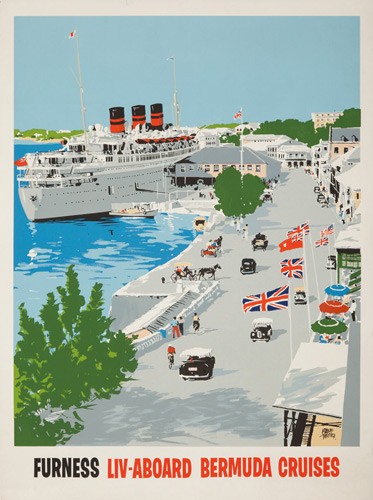 Furness Liv-Aboard Bermuda Cruises.: Artist: ADOLF TREIDLER (1886-1981) Size: 29 7/8 x 39 3/4 in./75.8 x 101 cm Located a mere 600 miles from the Carolina coast, the Bermuda harbor town of Hamilton is an elegant citadel of old world sple