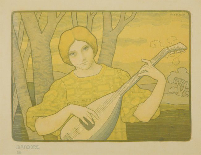 La Mandore. 1901: Artist: PAUL BERTHON (1872-1909) Size: 24 3/4 x 19 1/2 in./62.9 x 49.5 cm Imp. Bourgerie, Paris A popular theme for Berthon was women playing Medieval musical instruments, a fine example of which is s