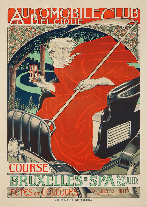Automobile Club de Belgique. 1898: Artist: GEORGES GAUDY (1872-1940) Size: 36 3/8 x 50 3/4 in./92.3 x 129 cm O. de Rycker, Bruxelles "An 1898 poster by Georges Gaudy announces the Course Bruxelles, an auto race sponsored by the Automob