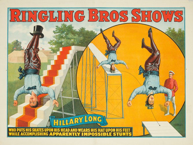 Ringling Bros. / Hillary Long. 1917: Artist: ANONYMOUS Size: 39 3/4 x 30 in./101 x 76.2 cm Strobridge Litho, Cincinnati "Circus performers in daredevil acts used both old and new technology in unconventional ways. Roller skates were inve