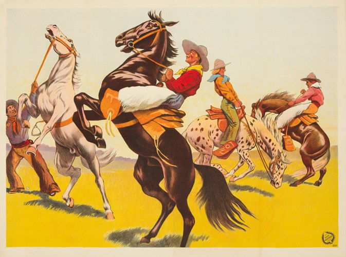 Cowboys. 1914: Artist: ANONYMOUS Size: 37 1/4 x 27 7/8 in./94.6 x 71 cm Friedlander, Hamburg A cheerful stock poster promoting any and all Wild West shows.