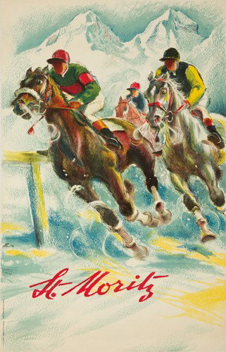 St. Moritz 1952: Artist: HUGO LAUBI (1888-1959) Size: 25 1/2 x 39 7/8 in./64.8 x 101.2 cm Gebr. Fretz, Zurich As shown in an earlier poster (see Lot XXX), horse racing on snow is only done regularly in two places arou