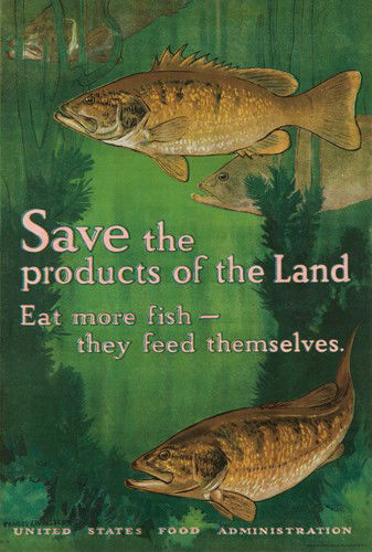 Eat More Fish. 1919: Artist: CHARLES LIVINGSTON BULL (1874-1932) Size: 20 1/8 x 30 1/8 in./51.2 x 76.5 xm Heywood, Strasser & Voight, N.Y. In his practical-minded design, Bull puts forth the opinion that Americans really