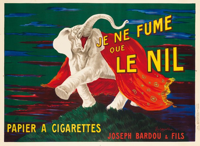 Je ne fume que Le Nil. 1912: Artist: LEONETTO CAPPIELLO (1875-1942) Size: 62 7/8 x 46 1/4 in./159.7 x 117.4 cm Imp. Vercasson, Paris Although the slogan reads “I only smoke Nil,” Nil isn’t actually a cigarette, but rather a