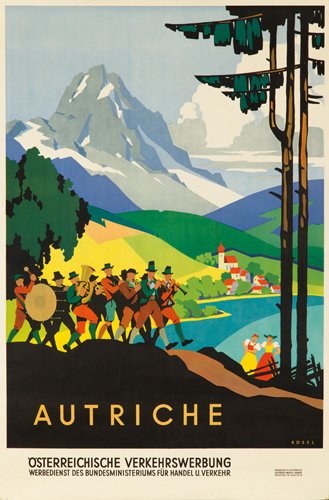 Autriche. ca. 1930: Artist: HERMANN KOSEL (1896-1985) Size: 24 3/4 x 37 1/2 in./62.8 x 95.3 cm Alfred Wall, Graz Created for the Austrian Tourist Board, this poster presents the best parts of the country’s ethnic charm