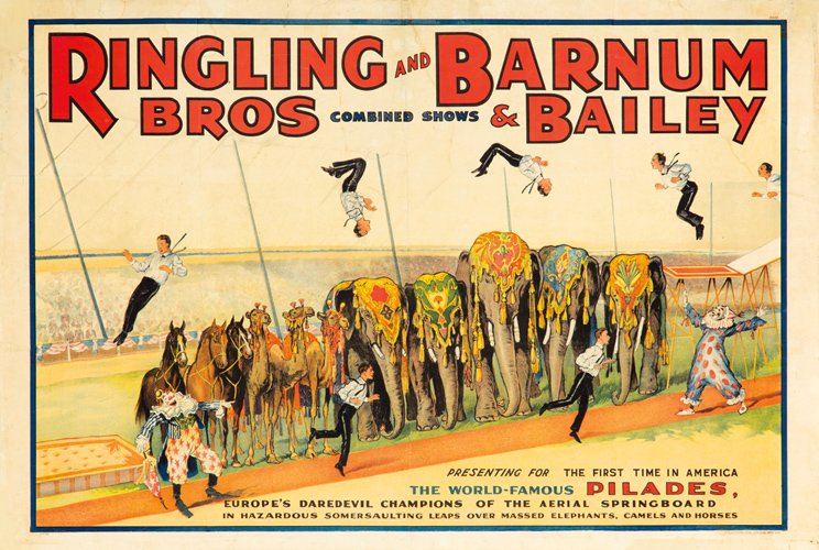 Ringling Bros and Barnum & Bailey / Pilades. ca. 19: Artist: ANONYMOUS Size: 41 3/4 x 28 1/8 in./106 x 71.3 cm Strobridge Litho, Cincinnati Noted as ‘Europe’s daredevil champions of the aerial springboard,’ the Pilades appeared briefly with Ringli