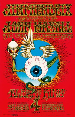 Jimi Hendrix / John Mayall. 1968: Artist: RICK ALDEN GRIFFIN (1944-1991) Size: 14 x 21 3/4 in./35.6 x 55.1 cm Tea Lautrec Litho The Flying Eyeball imagery accompanying this concert of the Jimi Hendrix Experience is one of the most ico