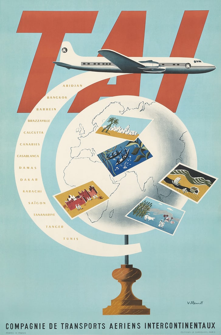 BERNARD VILLEMOT (1911-1989): Artist: BERNARD VILLEMOT (1911-1989) Size: 27 5/8 x 39 1/8 in./70.2 x 99.3 cm Condition: A. Printer: Éditions le Carrousel, Paris Reference: Bon Salle, 237 Key Words: Modern; Aviation; Travel<