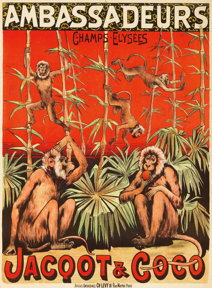 Ambassadeurs / Jacqot & Coco. ca. 1885: Artist: ANONYMOUS Size: 23 1/4 x 31 3/4 in./59 x 80.6 cm Ch. Lévy, Paris Located at the foot of the Champs-Elysées, the Ambassadeurs concert hall was so named because of its proximity to the Hotel C