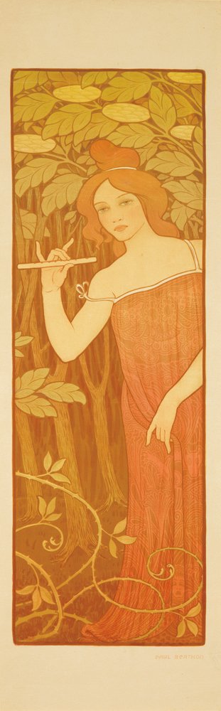 Le Sureau II. ca. 1900: Artist: PAUL BERTHON (1872-1909) Size: 12 1/4 x 39 in./31 x 99 cm In dusty shades of cinnamon and olive, one of two Grecian beauties idles amongst the brambles beneath the elder tree, after which the