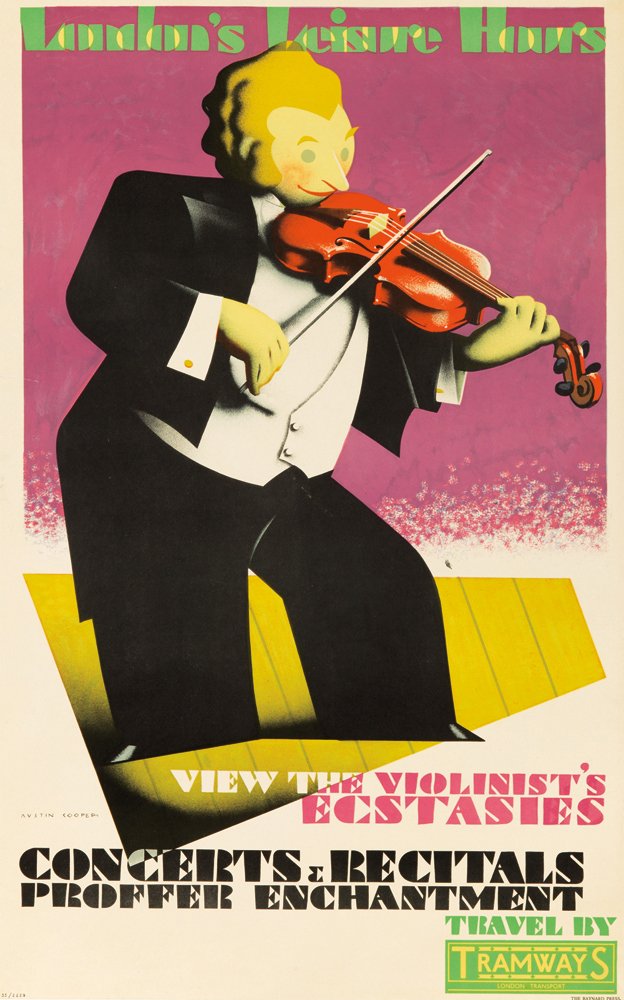 London Underground / Leisure Hours / Concerts & Re: Artist: AUSTIN COOPER (1890-1964) Size: 24 5/8 x 39 3/4 in./62.4 x 101 cm The Baynard Press, London Cooper grew up in Manitoba on the Canadian prairie. At thirteen, he was sent to Cardiff, Wales, to s