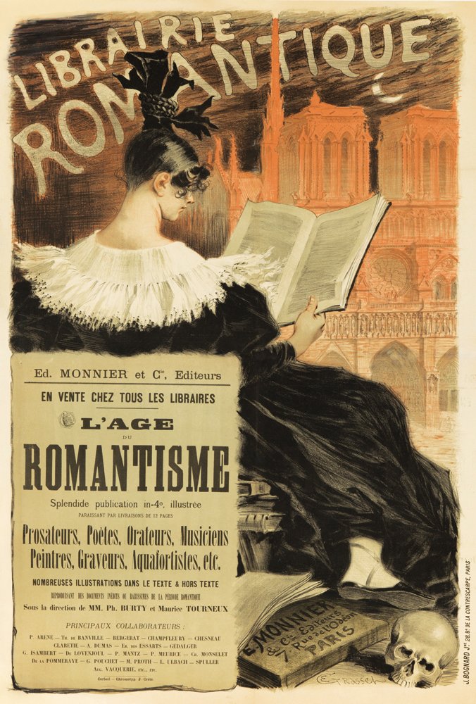 Librairie Romantique. 1887: Artist: EUGENE GRASSET (1841-1917) Size: 34 3/8 x 51 in./87.2 x 129.5 cm Imp. Bognard, Paris This is the full-text version of this poster advertising the publication of “L’Age du Romantisme,” on
