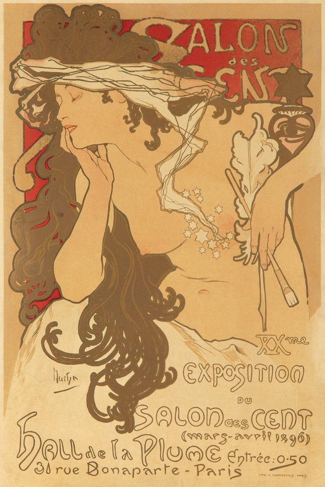 Salon des Cent / XXme Exposition. 1896: Artist: ALPHONSE MUCHA (1860-1939) Size: 16 5/8 x 25 1/8 in./42.1 x 63.9 cm Imp. F. Champenois, Paris “This poster is one of the artist’s first works to follow his standard archetype. It advertise